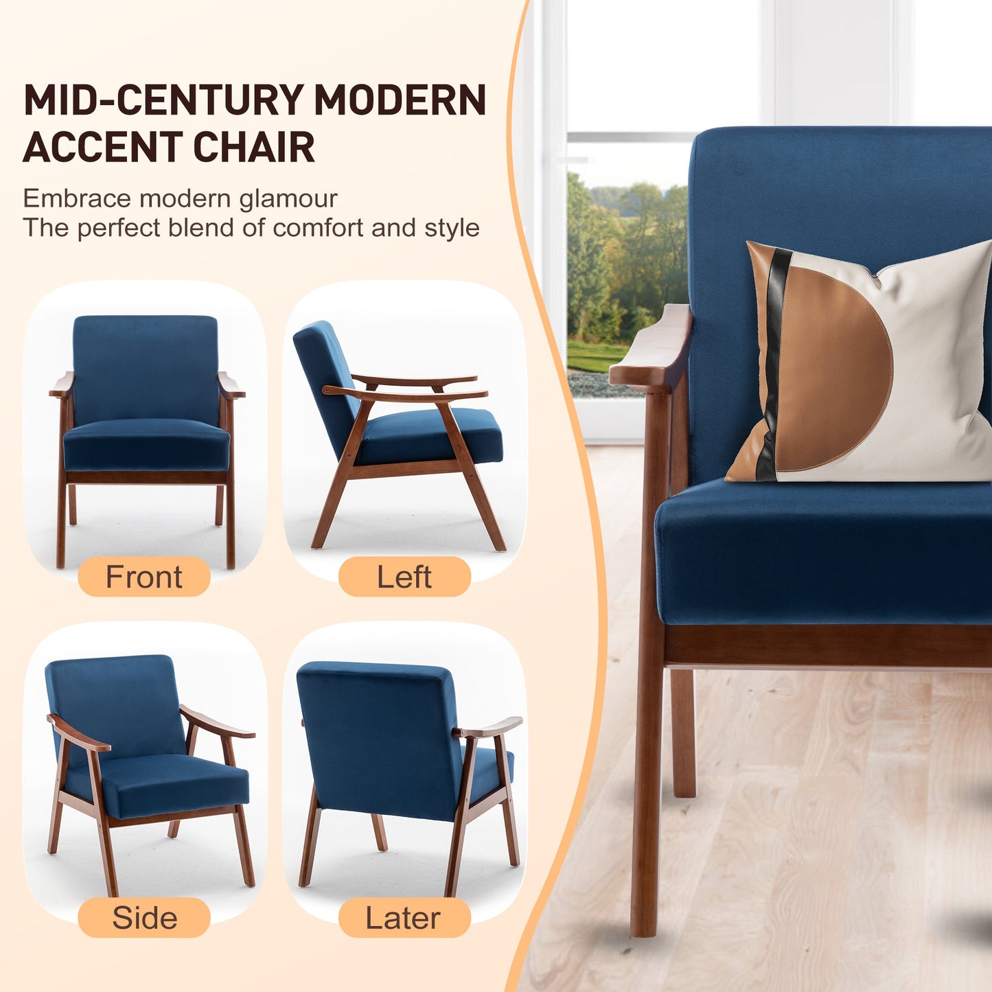 Mid-Century Modern Chair, Living Room Chair with Solid Wood Frame, Accent Chair Extra-Thick Backrest, Wingback Chair for Bedroom, Reading Room, Living Room, Lounge Chair Indoor