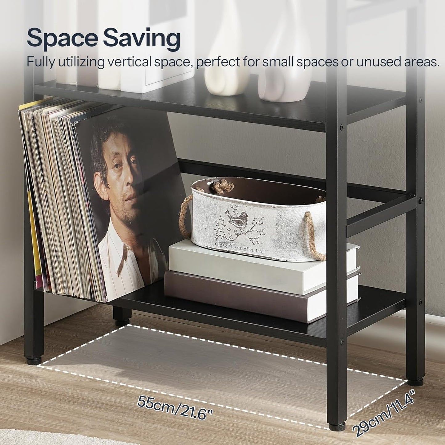 Three Tier Bookshelf Industrial Bookcase And Record Storage Rack With Side Fence Black Metal Frame Rustic Wood