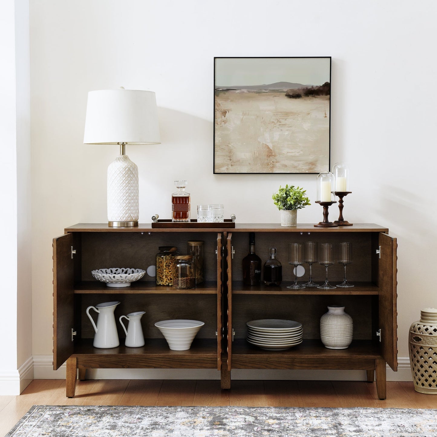 Diamond Fluted Sideboard Storage Cabinet with Adjustable Shelves