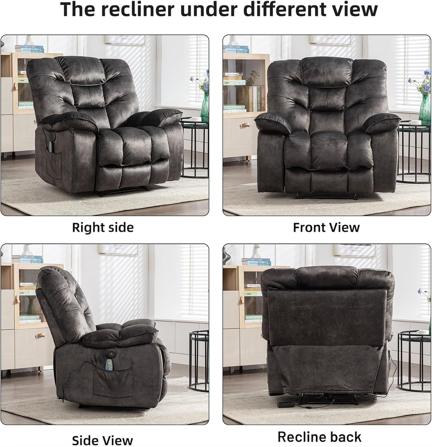 Oversized 41 Inch Power Recliner With Massage And Heat shown from right side, front view, side view, and reclined position.