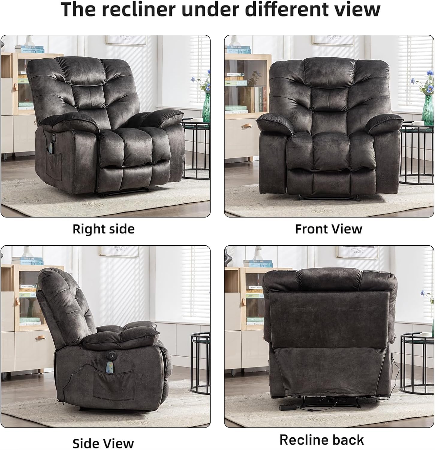 Oversized 41 Inch Power Recliner With Massage And Heat shown from right side, front view, side view, and reclined position.