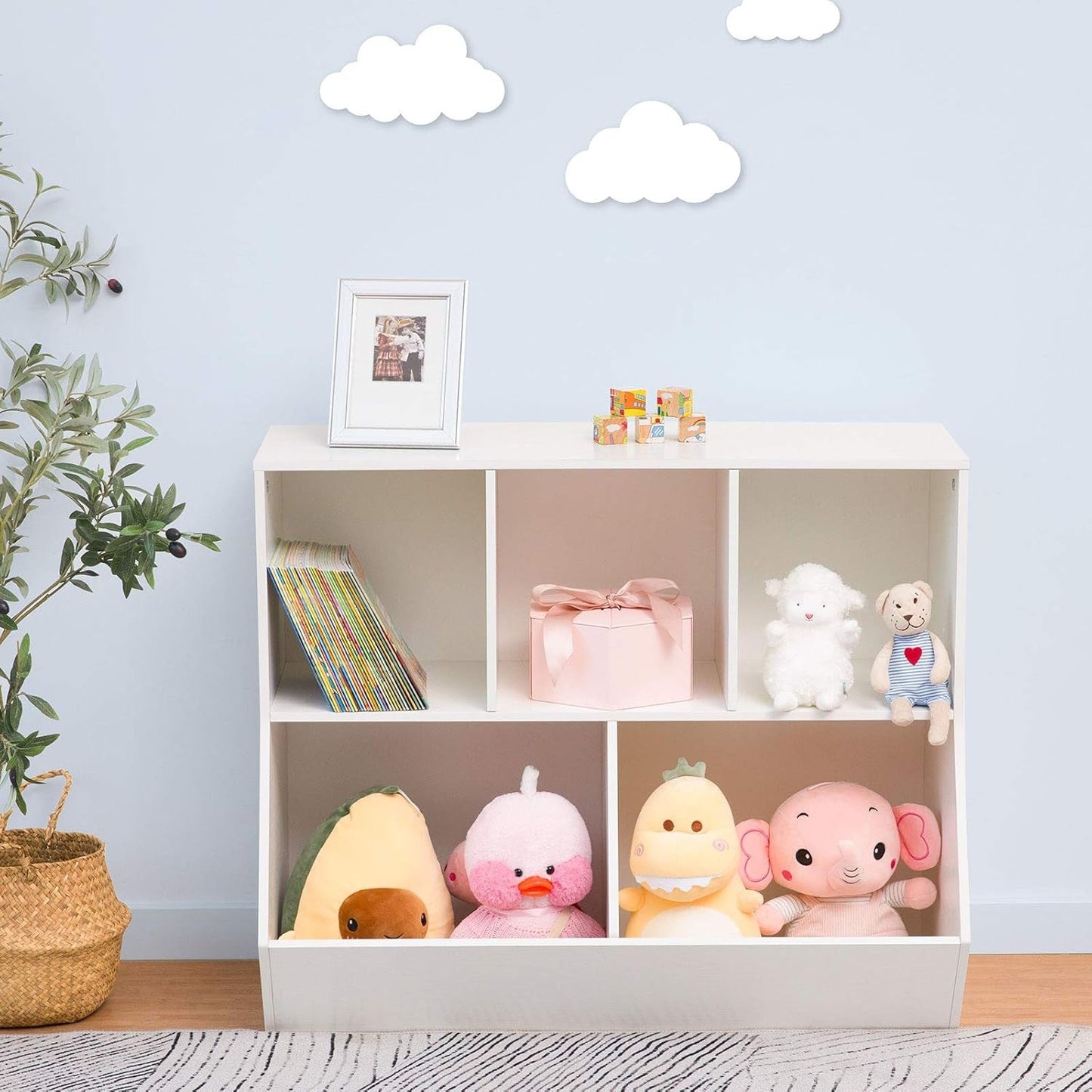 White 35.4 Inch Kids Bookshelf With Open Compartments