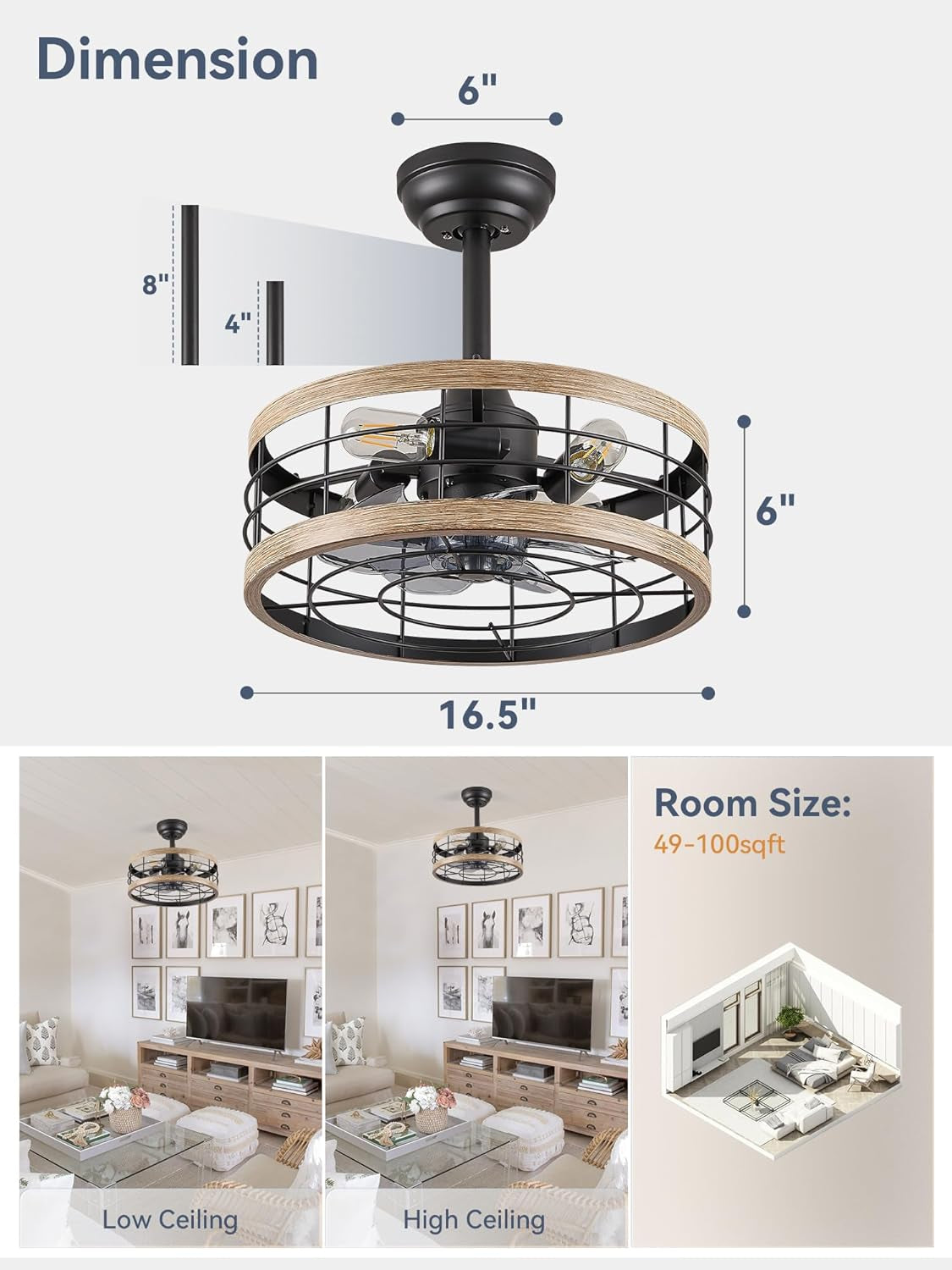 16.5 Inch Rustic Brown Caged Ceiling Fan With Light