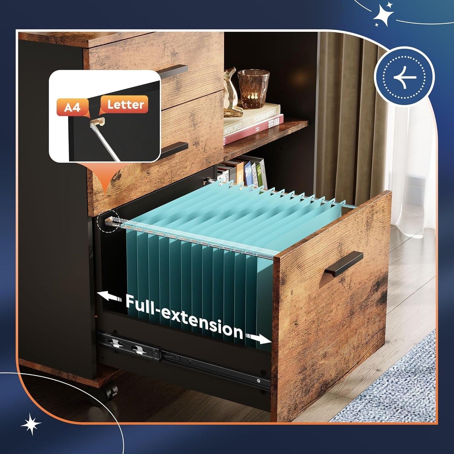 Rustic Brown 3 Drawer Mobile File Cabinet With Open Shelves Printer Stand For Home Office