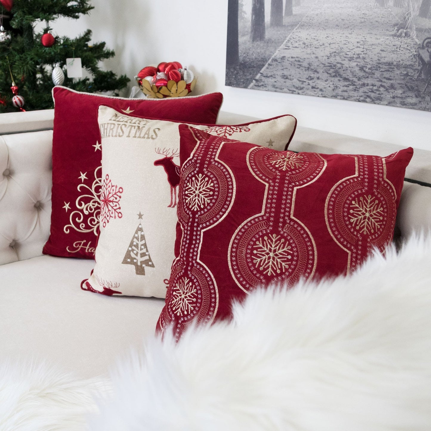 Red Holiday Embroidered Velvet Throw Pillow with Insert