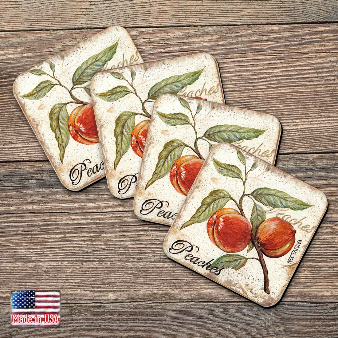 Peaches Wooden Cork Coasters Gift Set of 4 by Nature Wonders - Nature Wildlife Decor  - 8198632C-S4