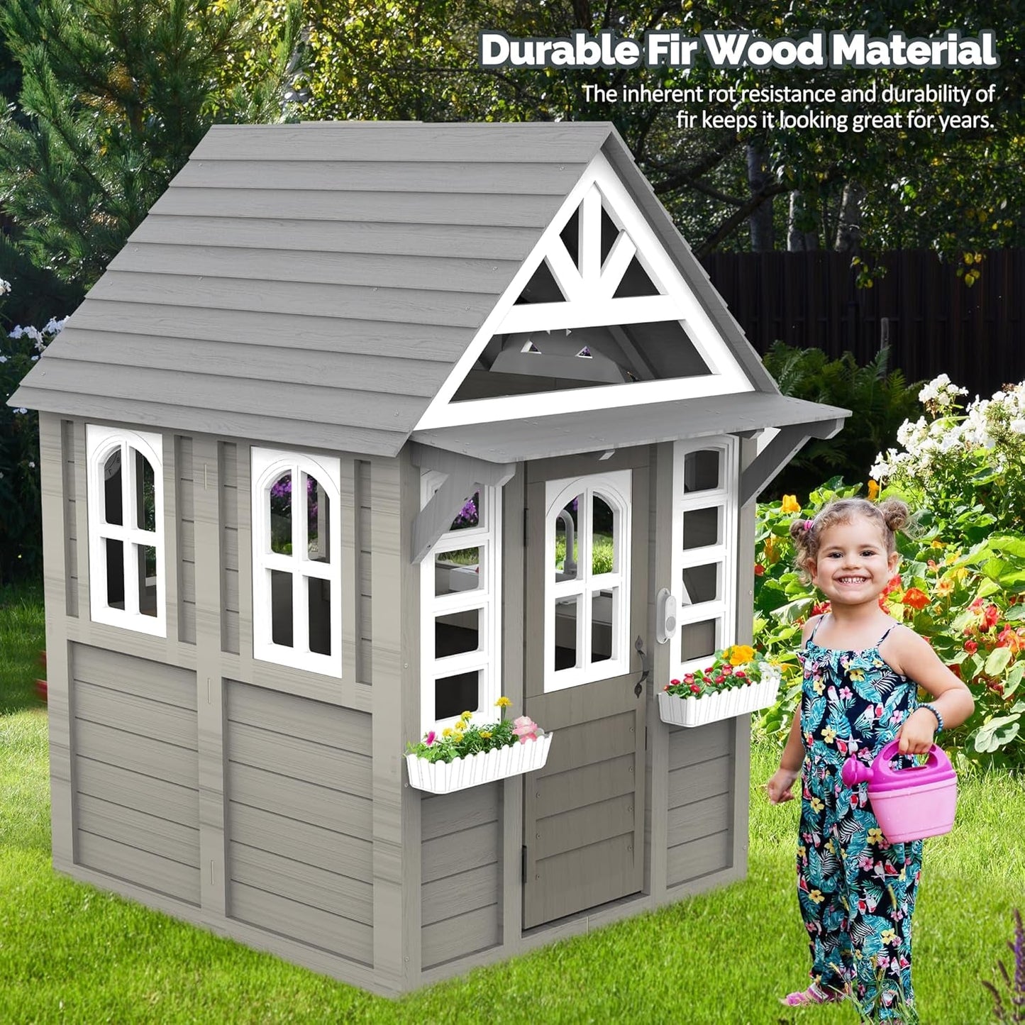Gray Weatherproof Outdoor Wooden Playhouse With Sink