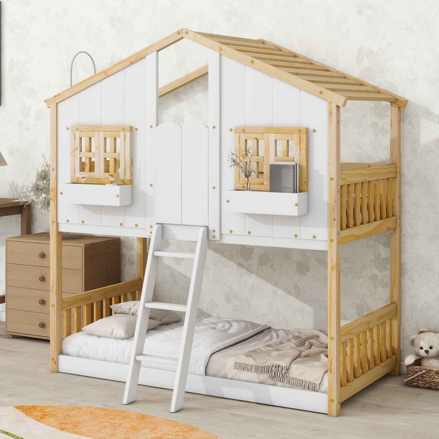 Twin Over Twin House Bunk Bed with Roof