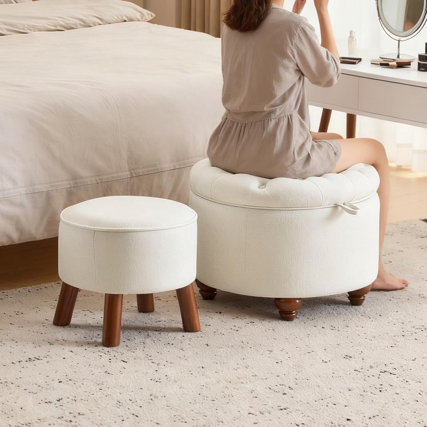 24 Inch Round Beige Storage Ottoman Removable TopWith Storage