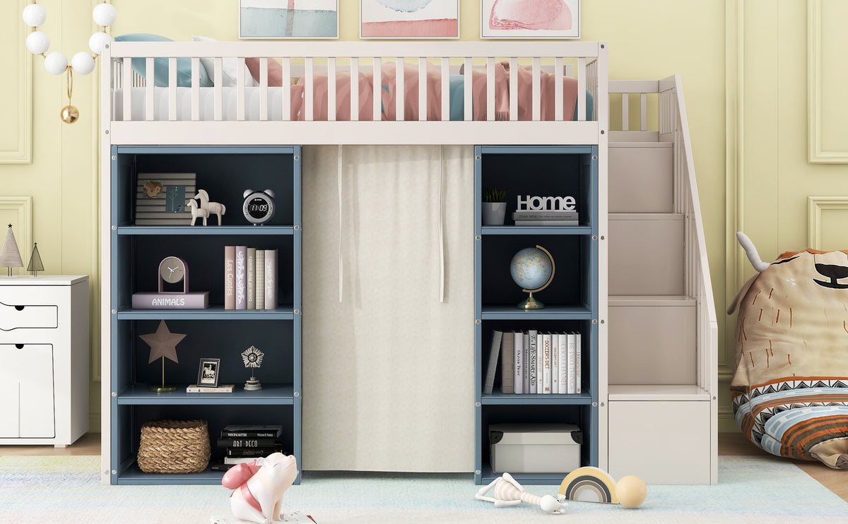 Full Size Loft Bed with 2 Four-layer Storage Cabinets and Curtain
