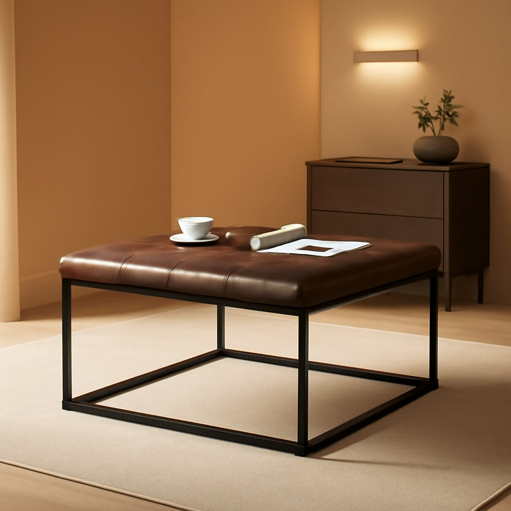 Yellowish-Brown Faux Leather Ottoman Coffee Table Sturdy