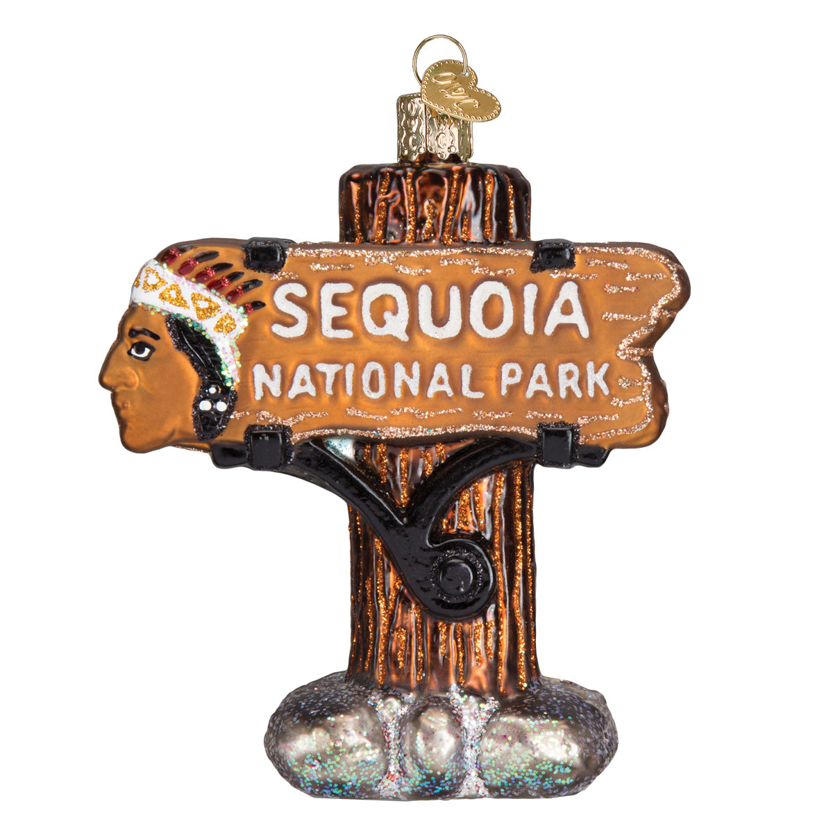 Sequoia National Park Ornament featuring a sign with Native American design and holiday decoration.