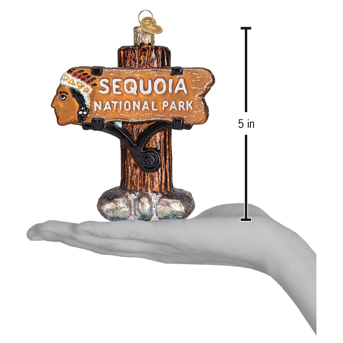 Sequoia National Park Ornament displayed in a hand, featuring a wooden sign and Native American design.