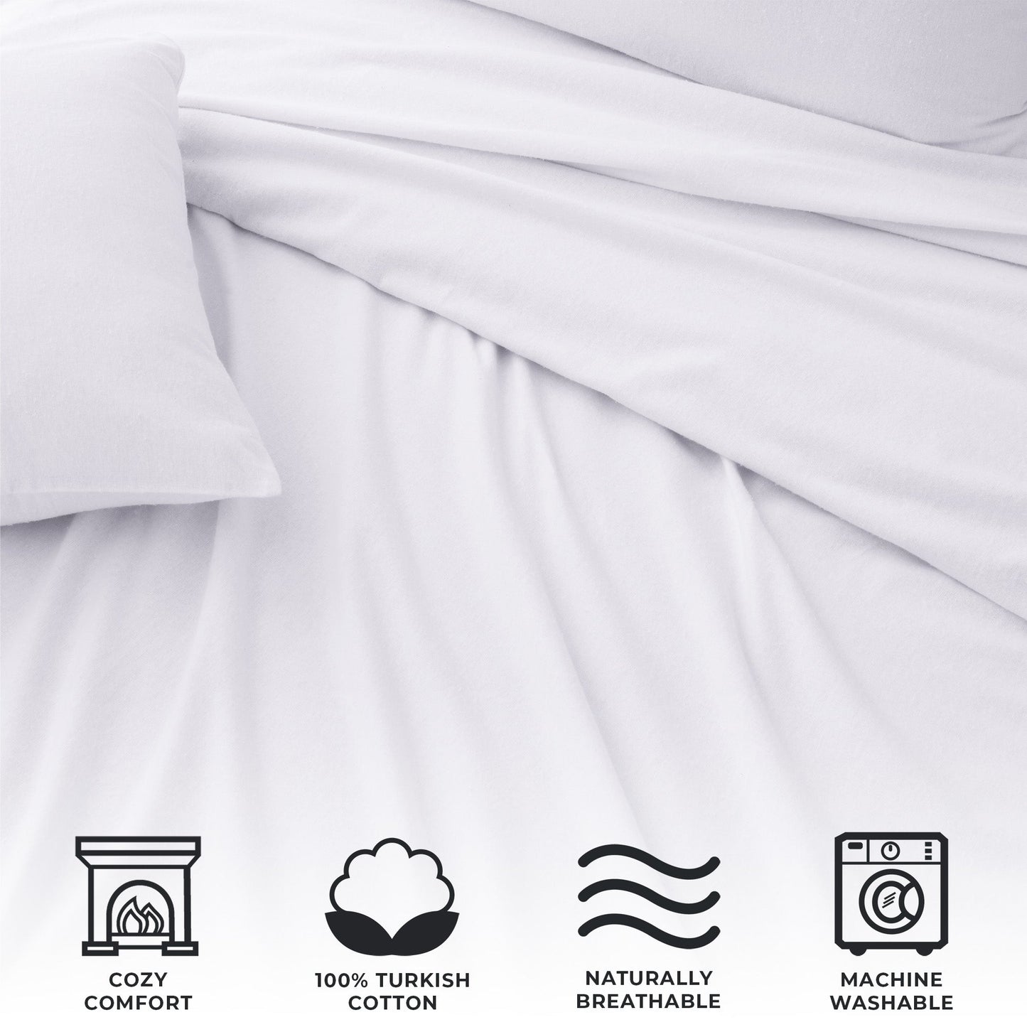 White fabric with icons indicating cozy comfort, 100% Turkish cotton, naturally breathable, and machine washable.