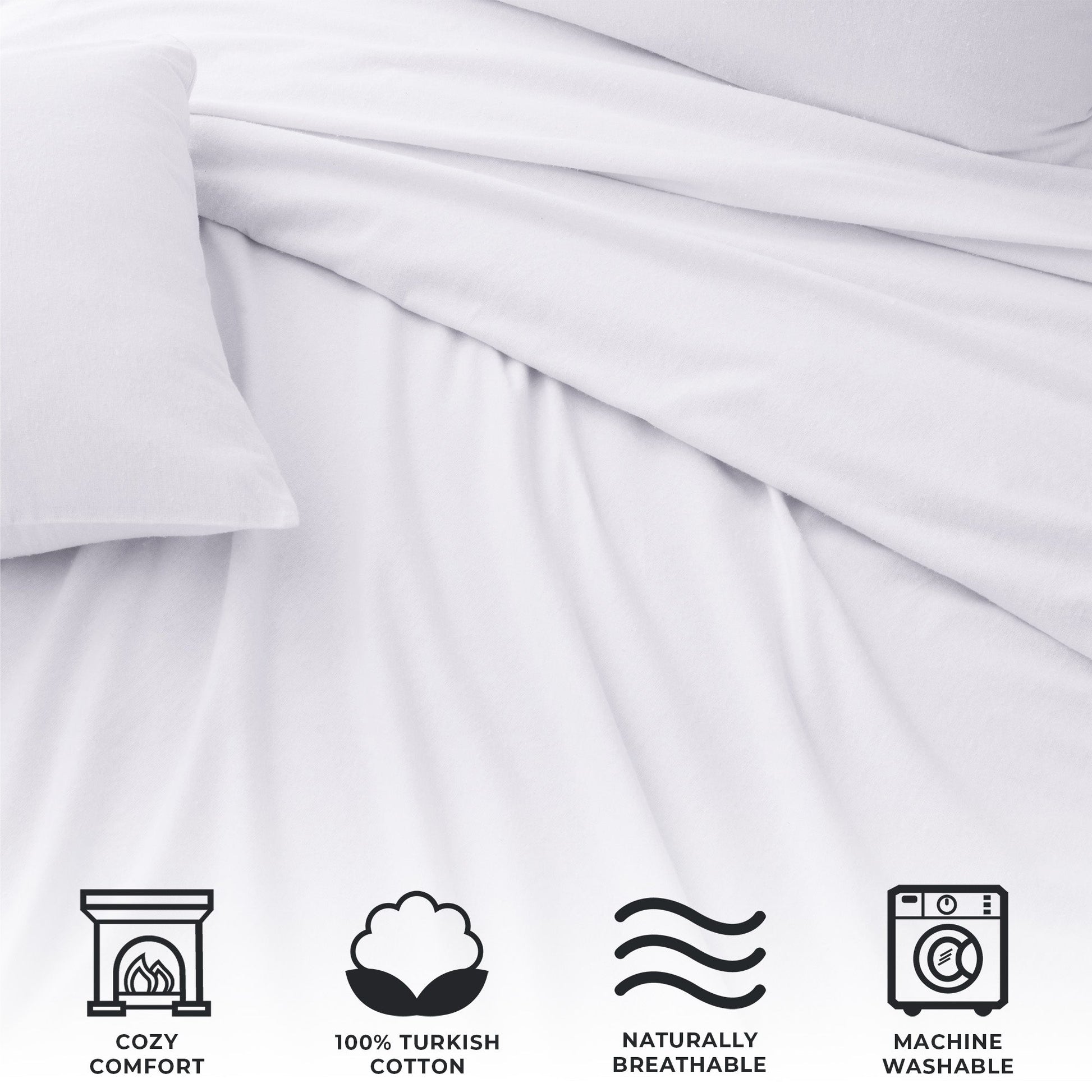 White fabric with icons indicating cozy comfort, 100% Turkish cotton, naturally breathable, and machine washable.