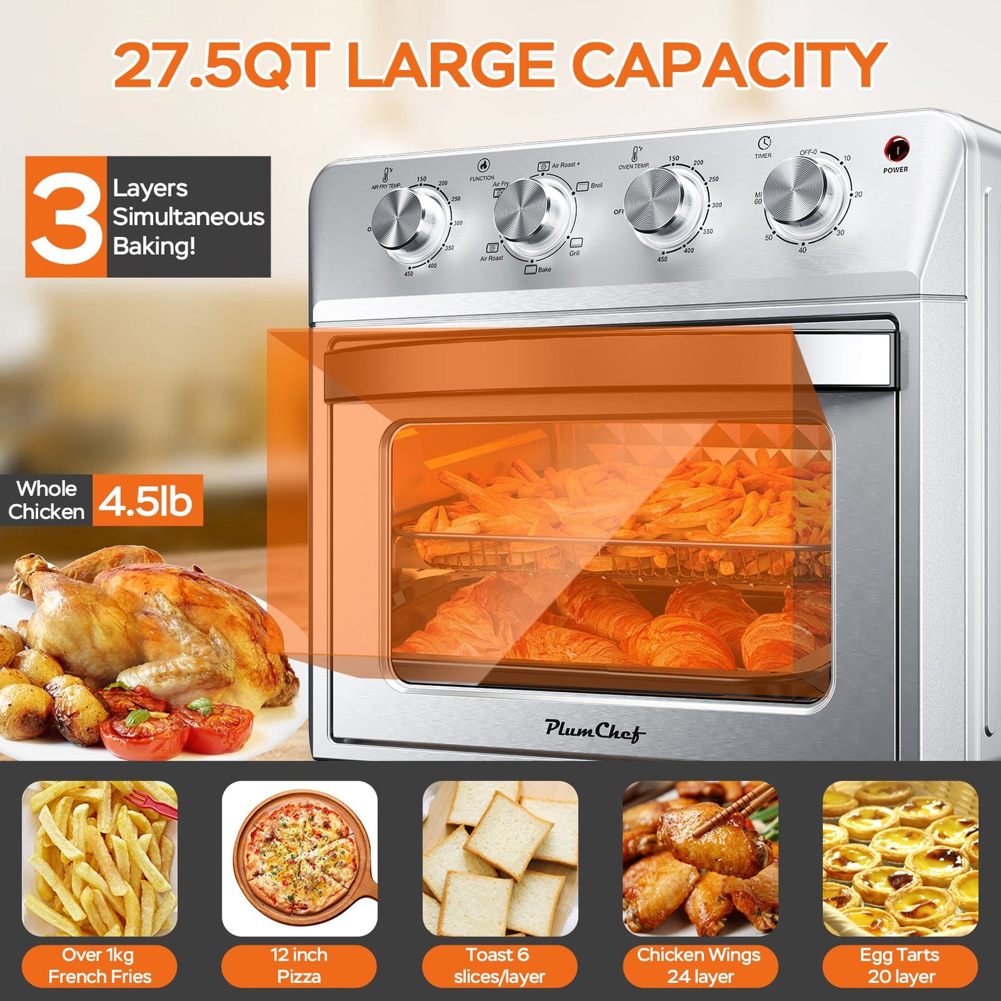 Plum Chef Air Fryer Oven 27.5QT, 6-in-1 Countertop Oven