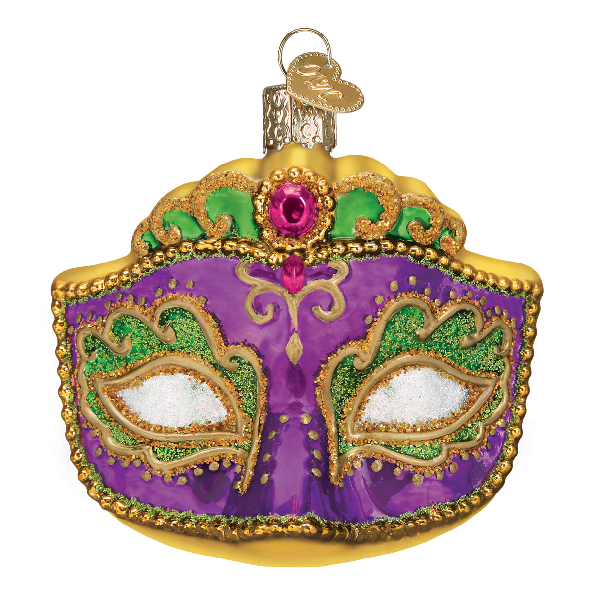 Decorative mask ornament with purple, green, and gold colors on a white background