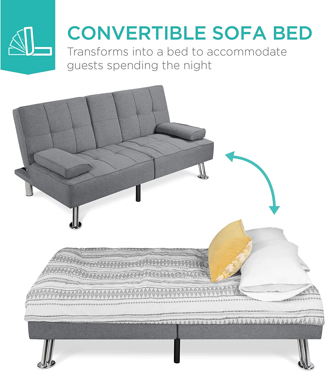 Gray Linen Modern Folding Futon Sofa Bed With Armrests