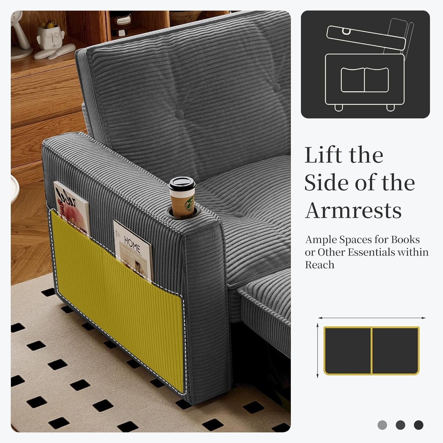 Gray Queen CorduroyTexture Transformable Sofa Bed USB