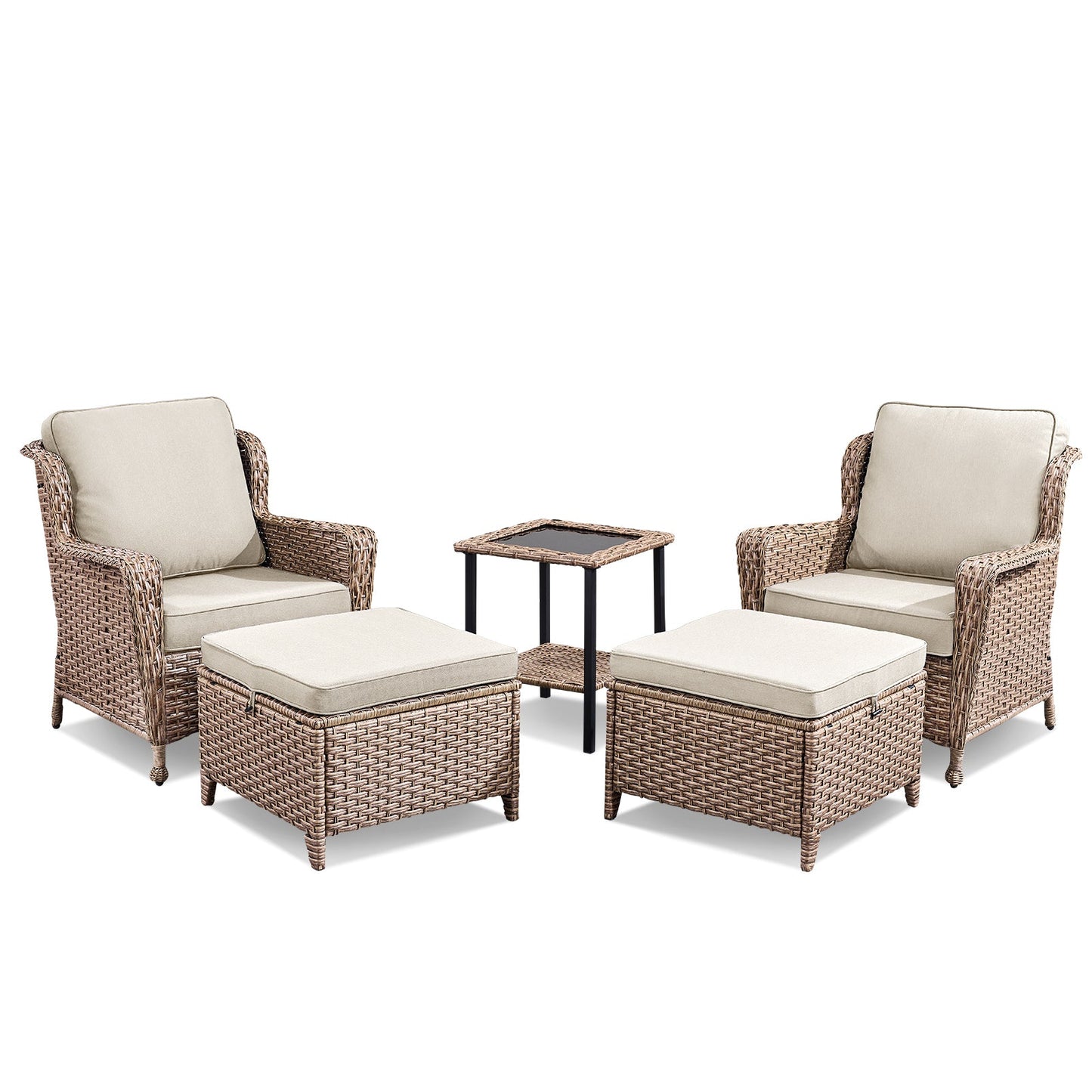 5-Piece Outdoor Lounge Chairs Set with Side Table and Ottomans