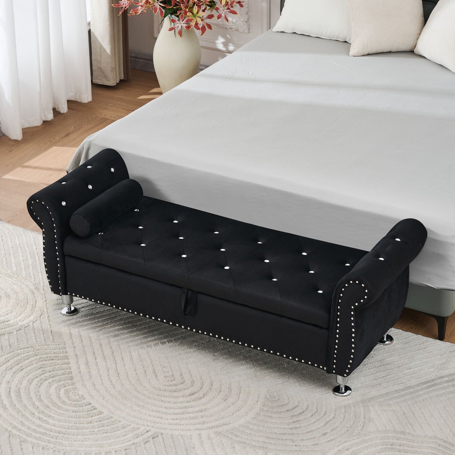 Storage Bench With Crystal Buttons And 1 Pillow For Bedroom