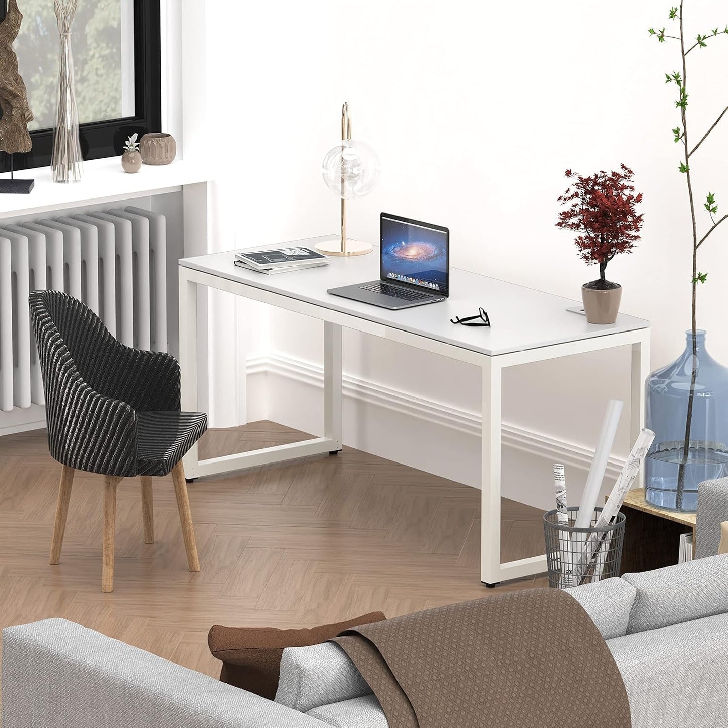 55 Inch White Computer Desk With Cord Management And Adjustable Glides