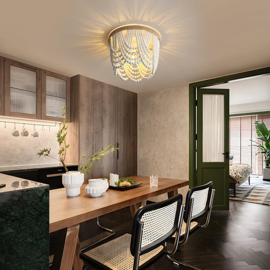 Three Light White Wood Bead Bohemian Chandelier Handmade