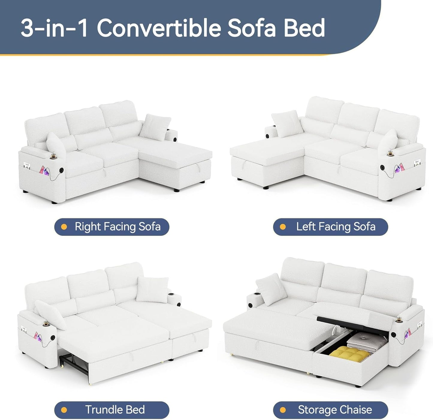 Pull Out Convertible Sofa Bed With Hidden Storage Teddy White