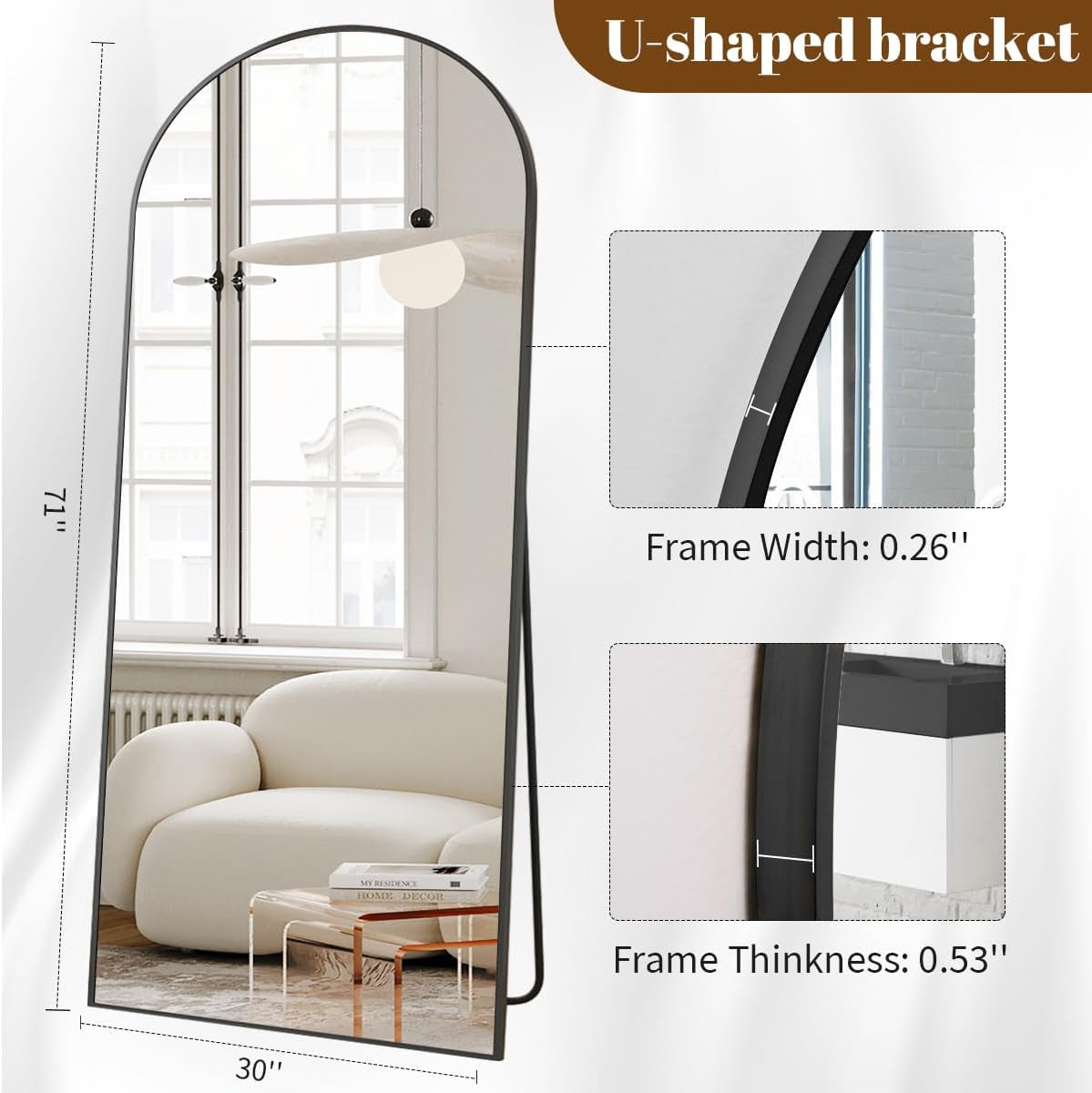 30x71 Inch Arched Full Length Mirror Black Aluminum Frame