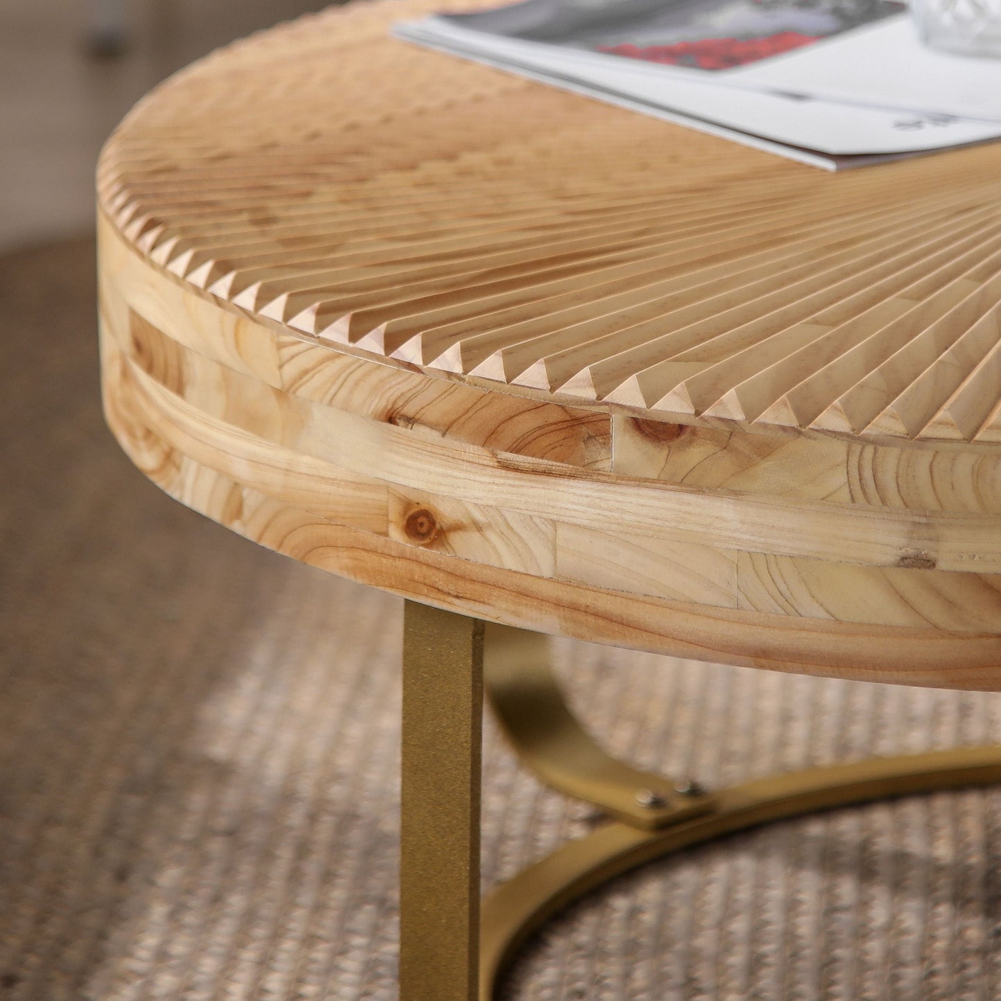 Modern Round Coffee Table with Wooden Carving Pattern and Metal Legs