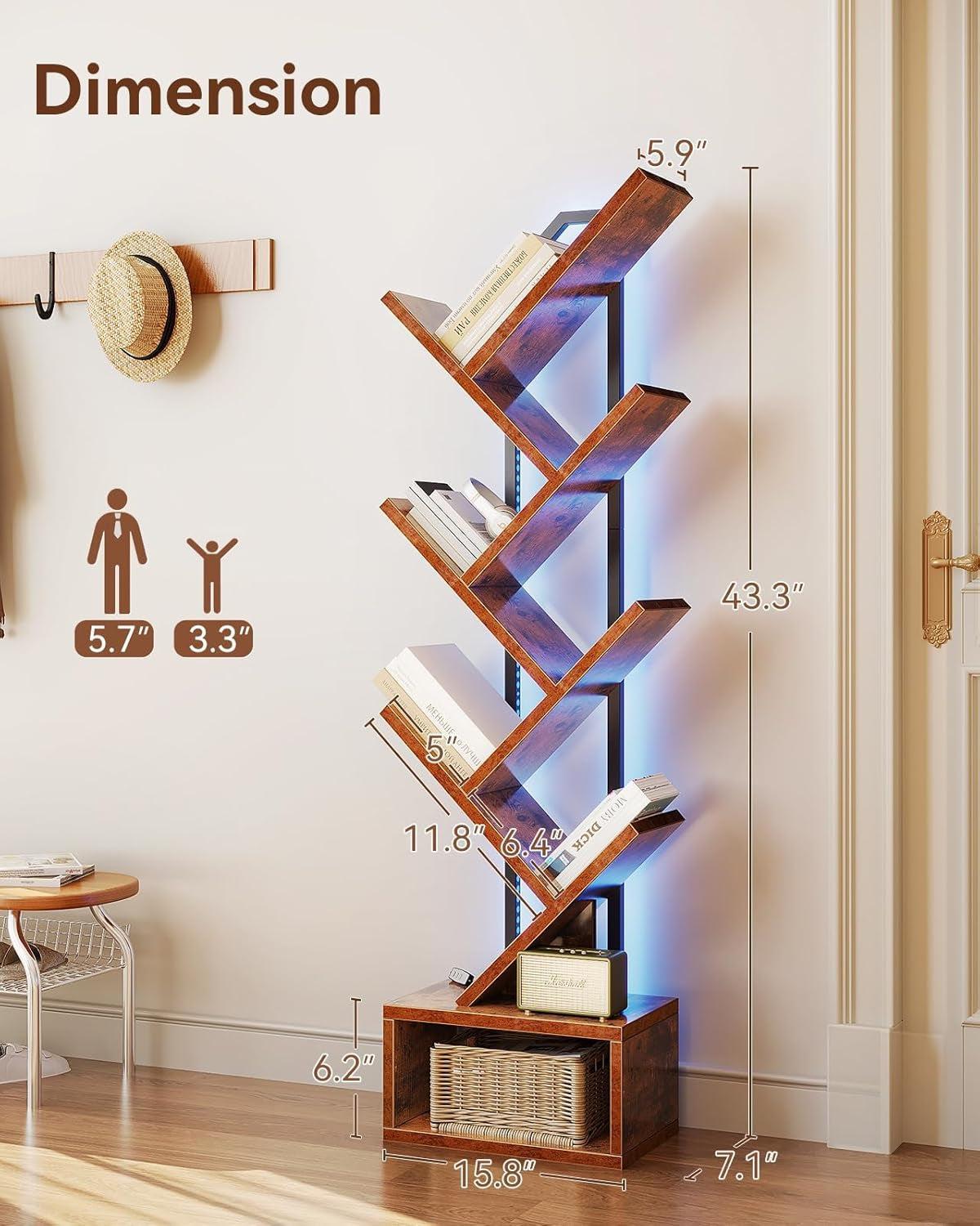 Six Tier Tree Bookshelf With LED Lights Narrow Floorstanding