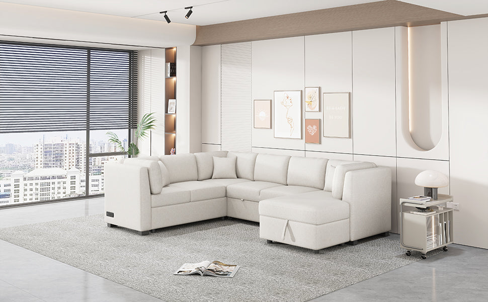 108.6" U-Shaped Sectional Sofa Pull-Out Bed with USB Ports