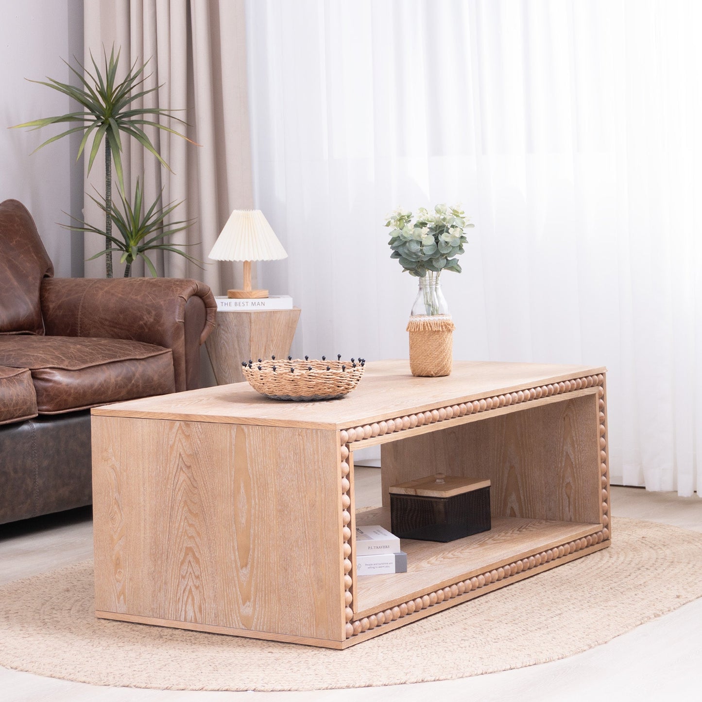 Rustic Beaded Edge Coffee Table – 47.6" Rectangular Center Table with Open Storage Shelf