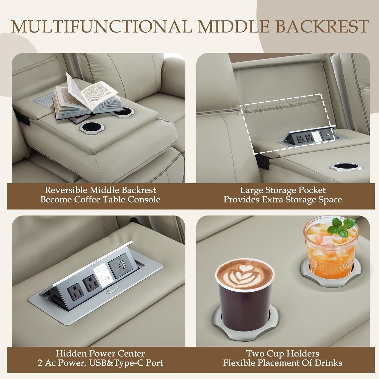 Grey Power Reclining Sofa With Fold Down Table Usb Type C
