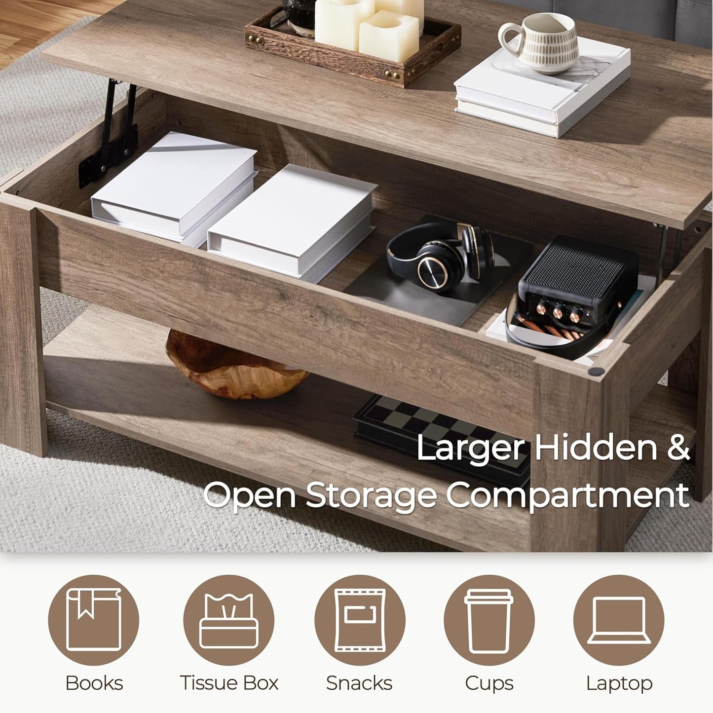 Lift Top Coffee Table With Hidden Compartment Grey