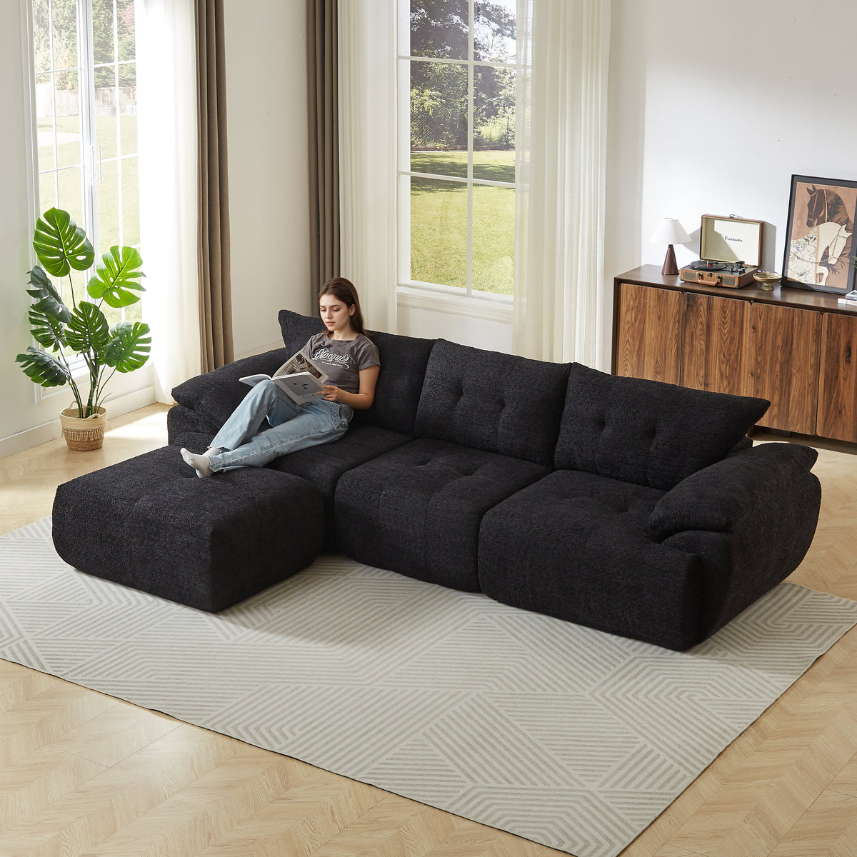 Large Modern 3-Seater Chenille Sofa