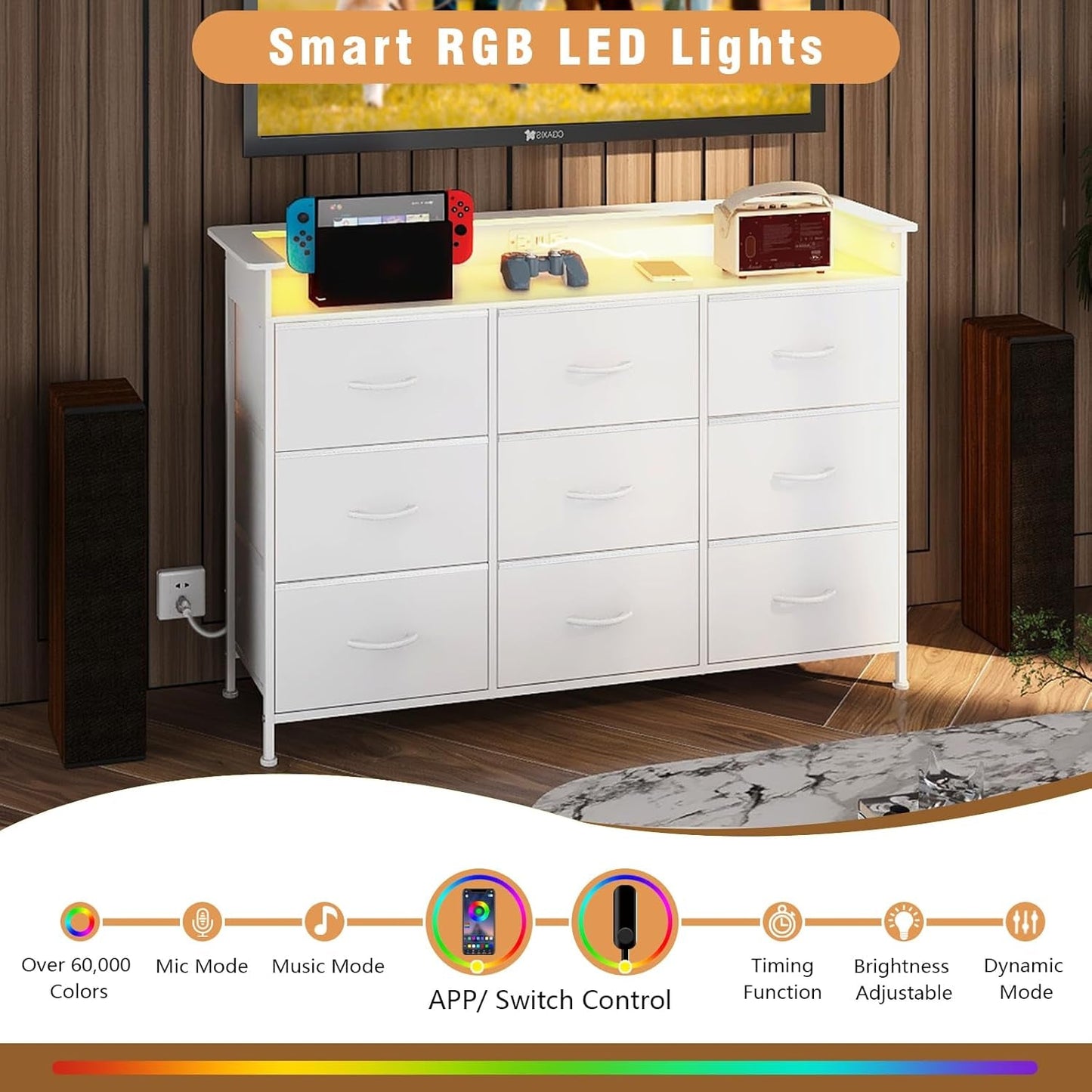 White Dresser With Integrated LED Lighting And Charging