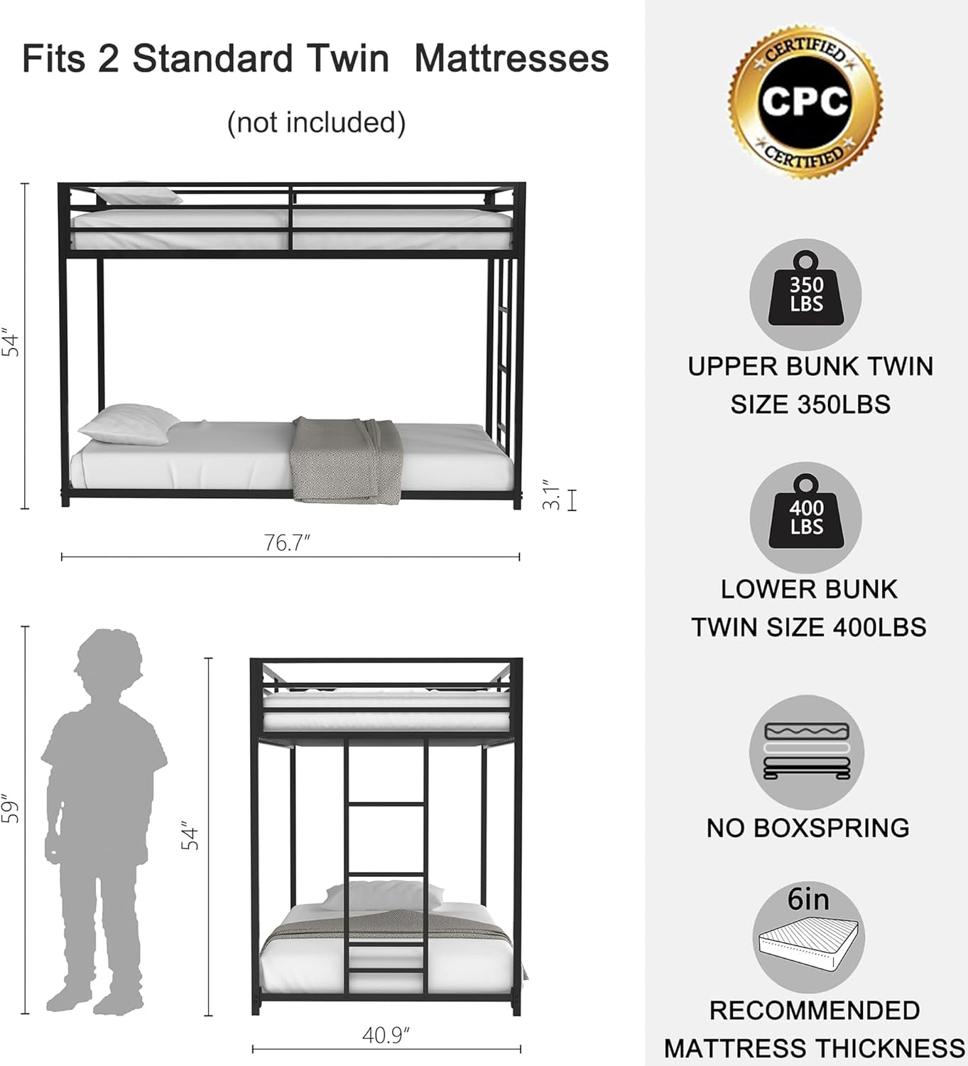 Twin Bunk Bed Black With Stable Ladder For Adults And Teens