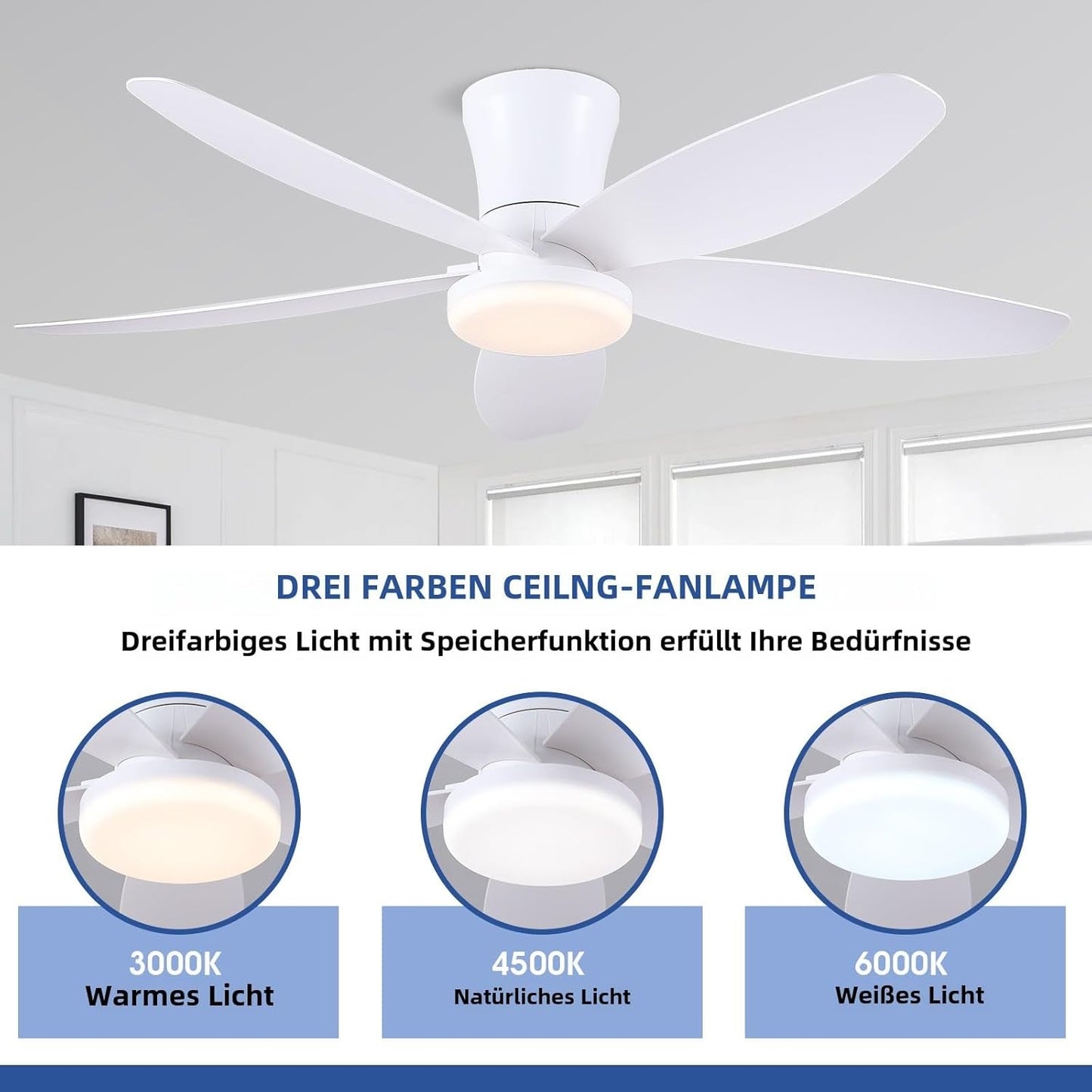 36 Inch White Ceiling Fan With Dimmable LED Remote App Control Energy Efficient
