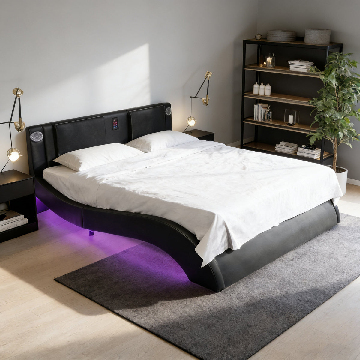 Faux Leather Upholstered Platform Bed Frame with LED Lighting