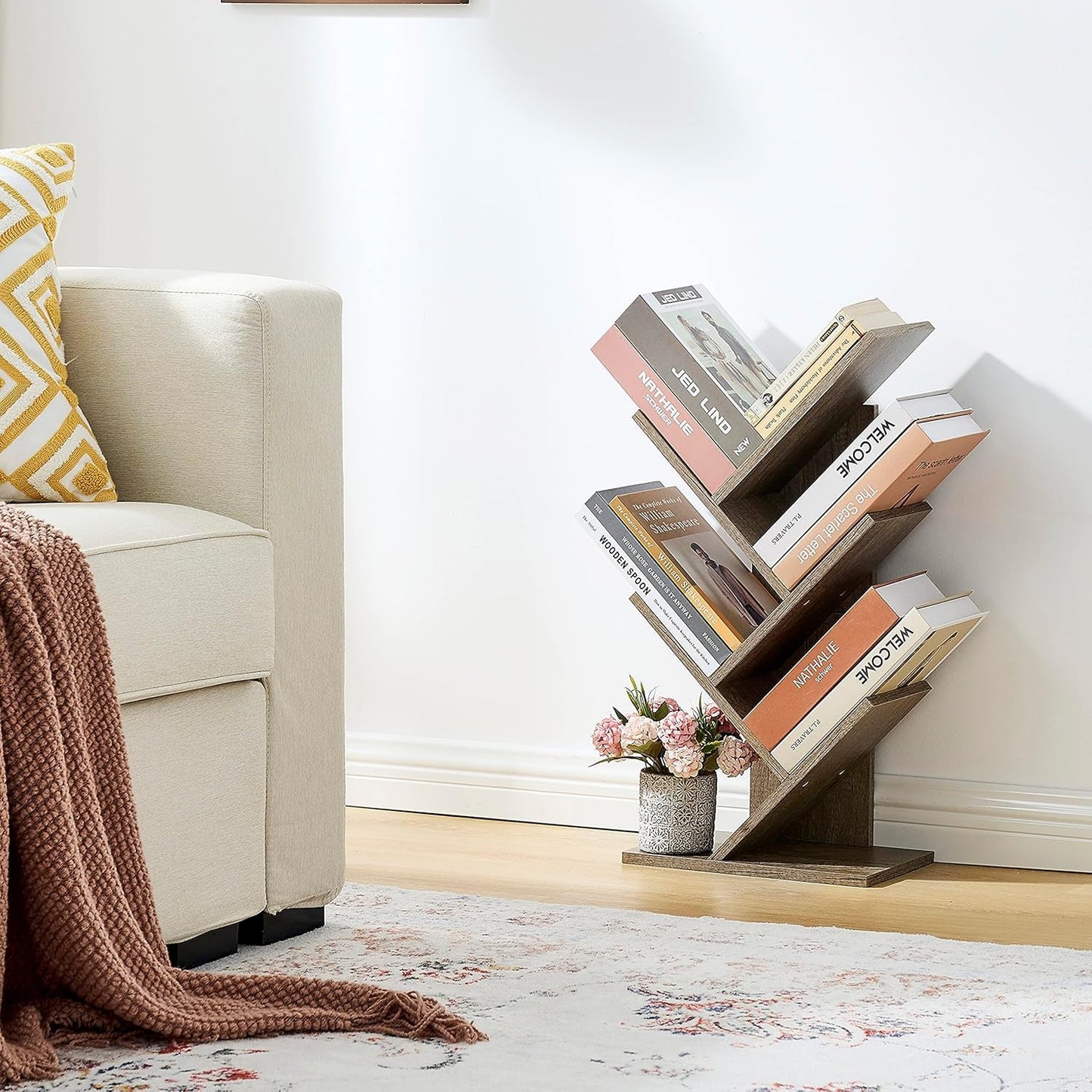 Greige 4 Tier Tree Bookshelf Modern Storage Bookcase