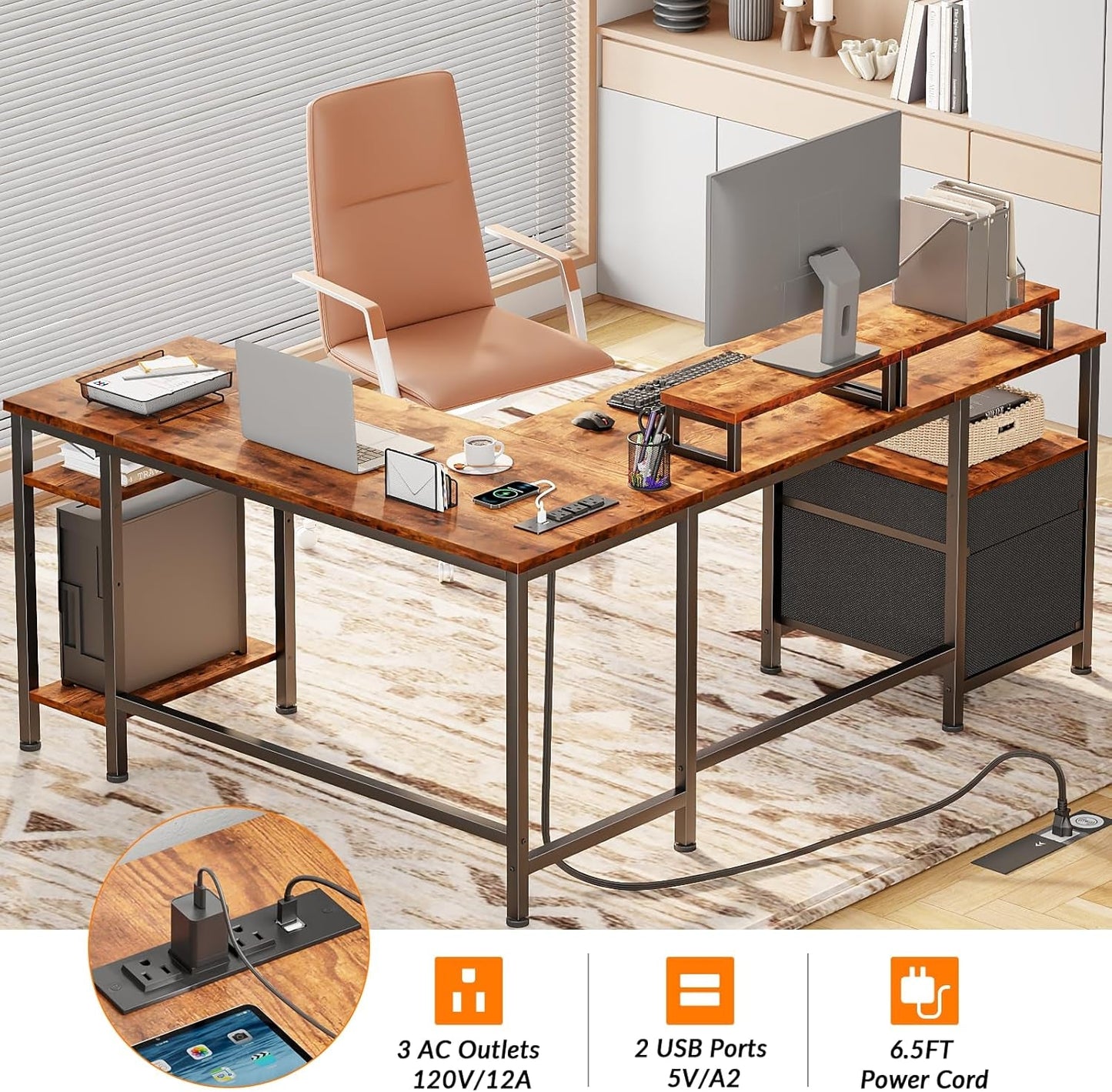 Industrial Grade Ultra Rustic Brown Fifty Nine Inch L Shaped Desk Power Outlet