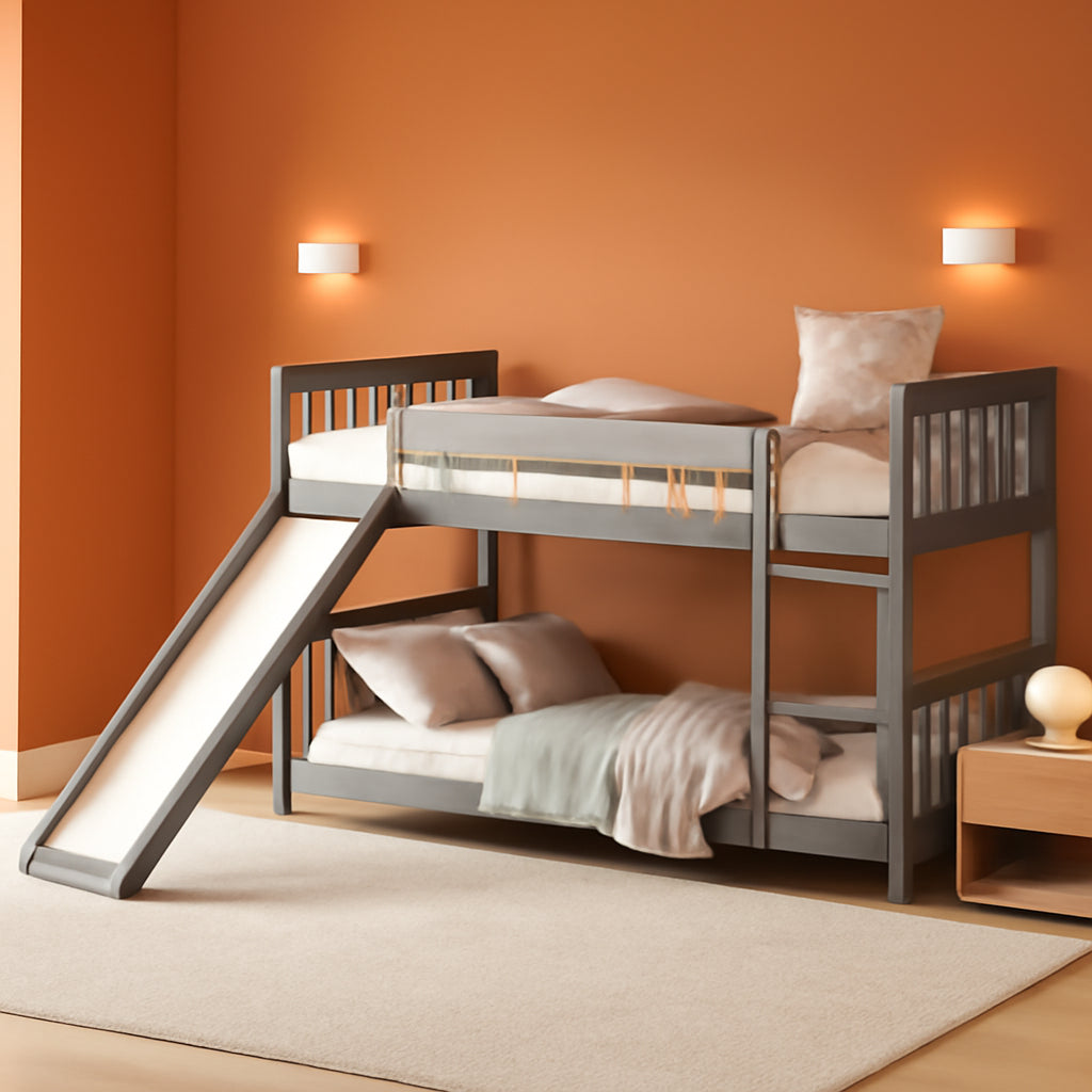 Twin Over Twin Bunk Bed With Slide In Gray For Kids