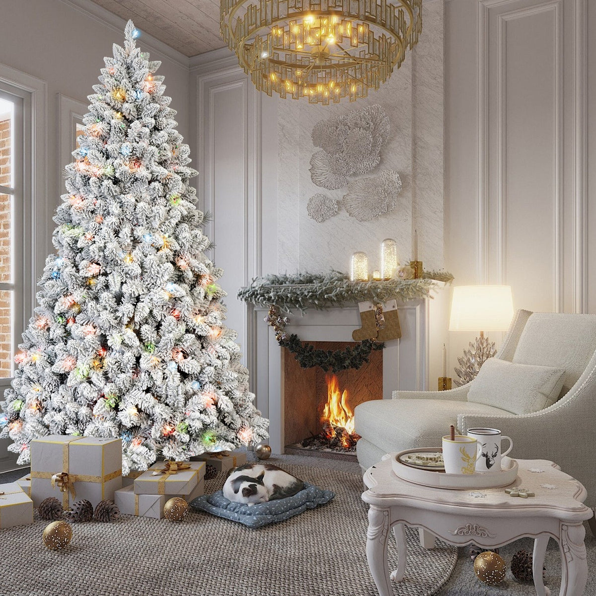 6FT Flocked Christmas Tree with 350 Colorful UL Lights and 36 Pine Cones