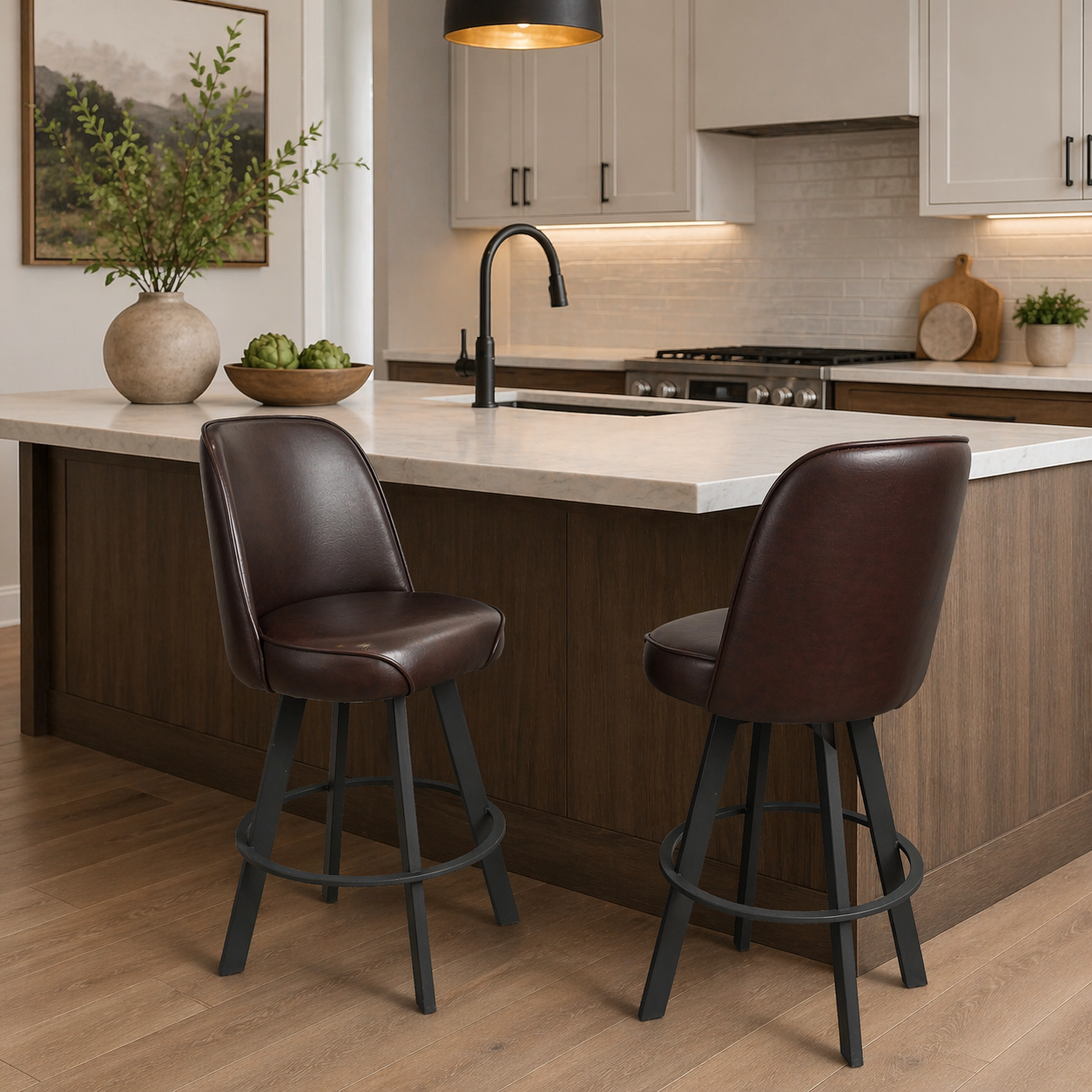 Set of 2 Commercial-Grade Upholstered Swivel Bucket Seat Bar Stools
