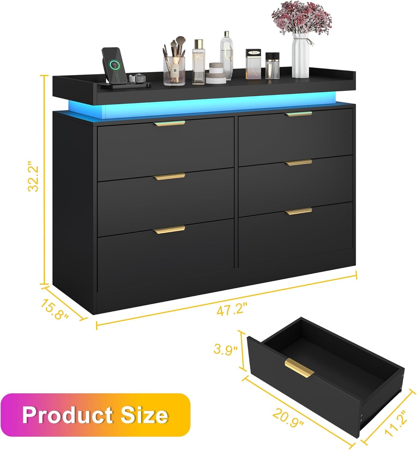 Six Drawer Dresser With LED Illumination Enhancement