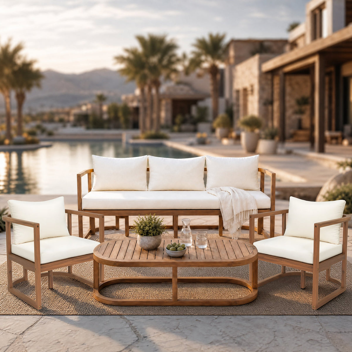 TOPMAX 4-Piece Modern Acacia Wood Sofa Set