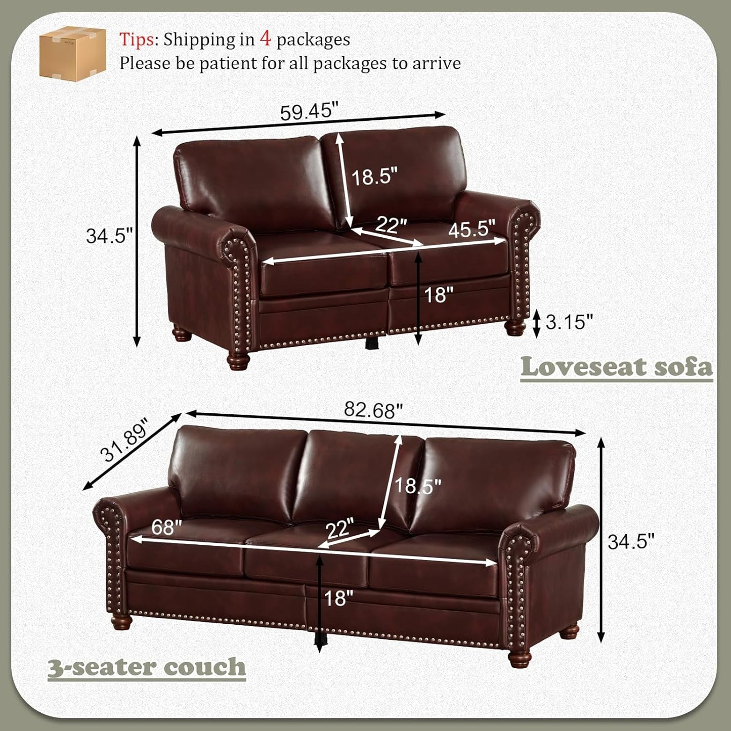 Two Piece Upholstered PU Leather Sofa Set With Hidden Storage Red Brown Mid Century Modern Living Room Furniture