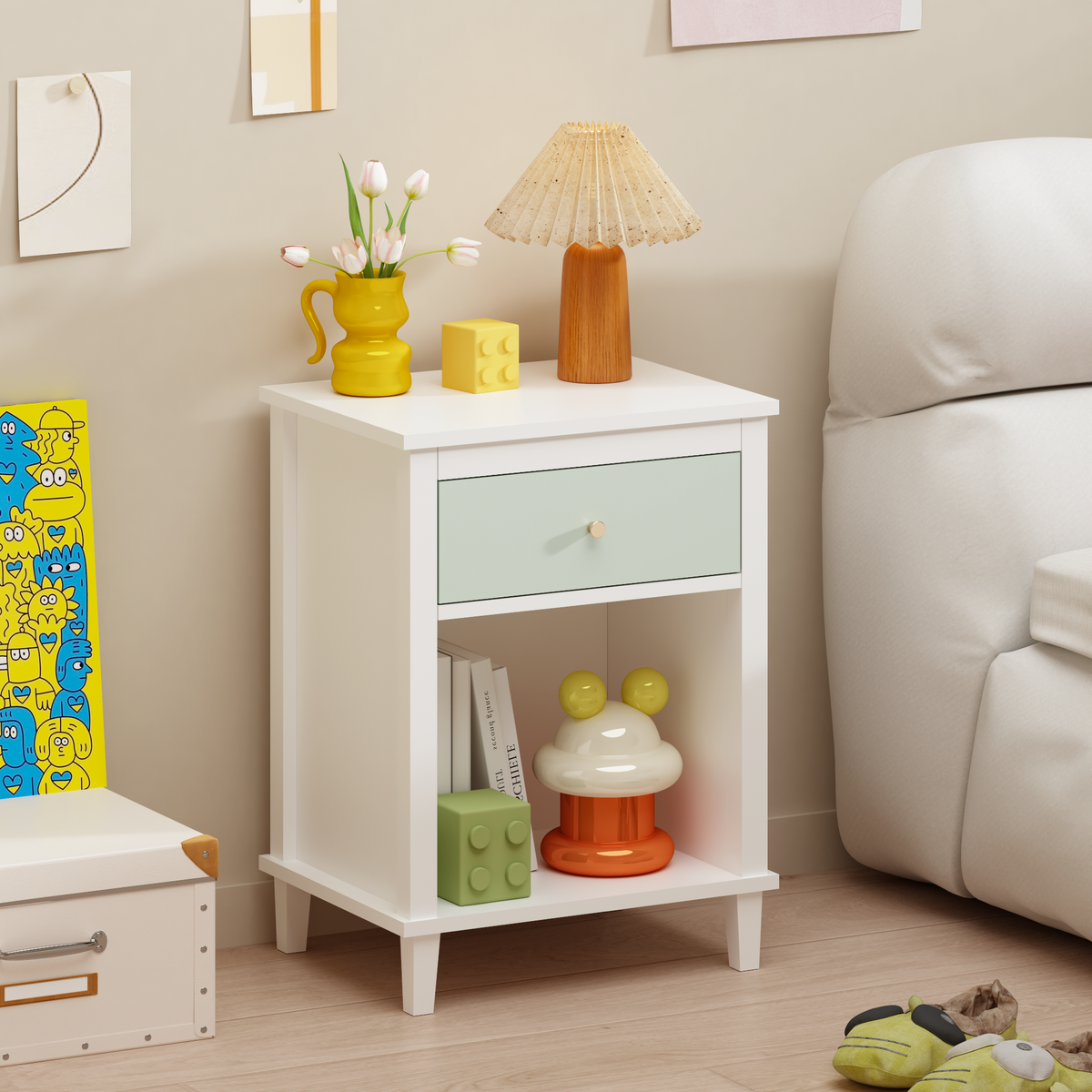 26.77''H Wooden Nightstand with One Drawer One Shelf