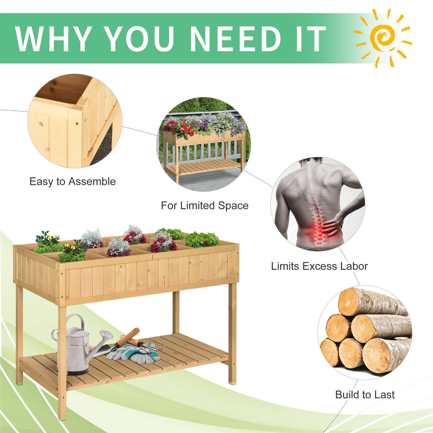 Outsunny 43x18x30in Raised Garden Bed with 8 Pockets and Shelf, Wooden Elevated Planter Box with Legs to Grow Herbs, Vegetables, and Flowers, Natural